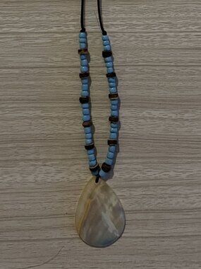 Boho Mother of Pearl Teardrop Pendant Beaded Cord Necklace